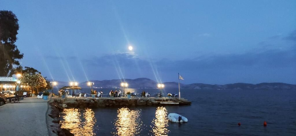Una zona lungo il lido con un molo, persone e una barca.