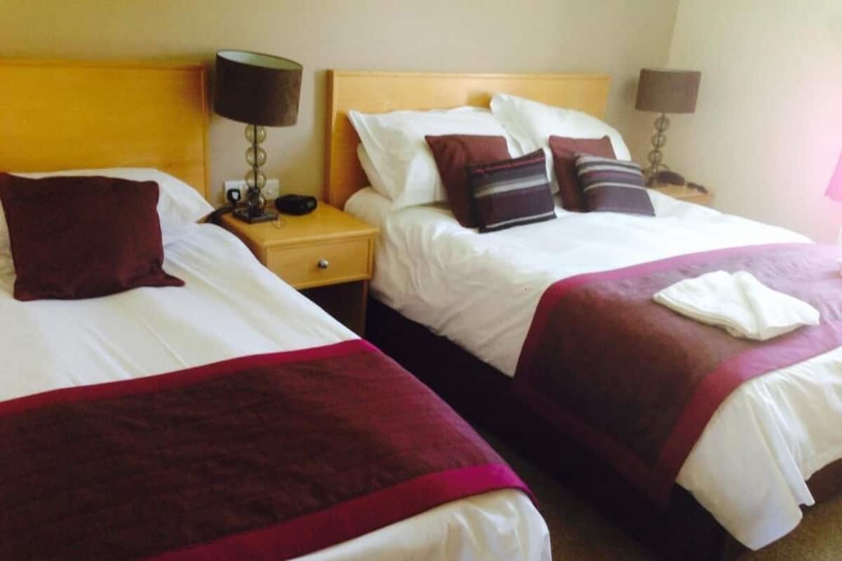 Two adjacent beds with white linens and dark red bedspreads, each with a pillow and a lamp on a bedside table.