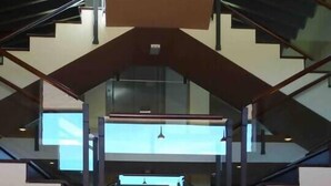 Ein modernes Interieur mit einer Treppe, einem Ledersofa mit dekorativen Kissen und einem großen Fenster, das viel natürliches Licht hereinlässt.