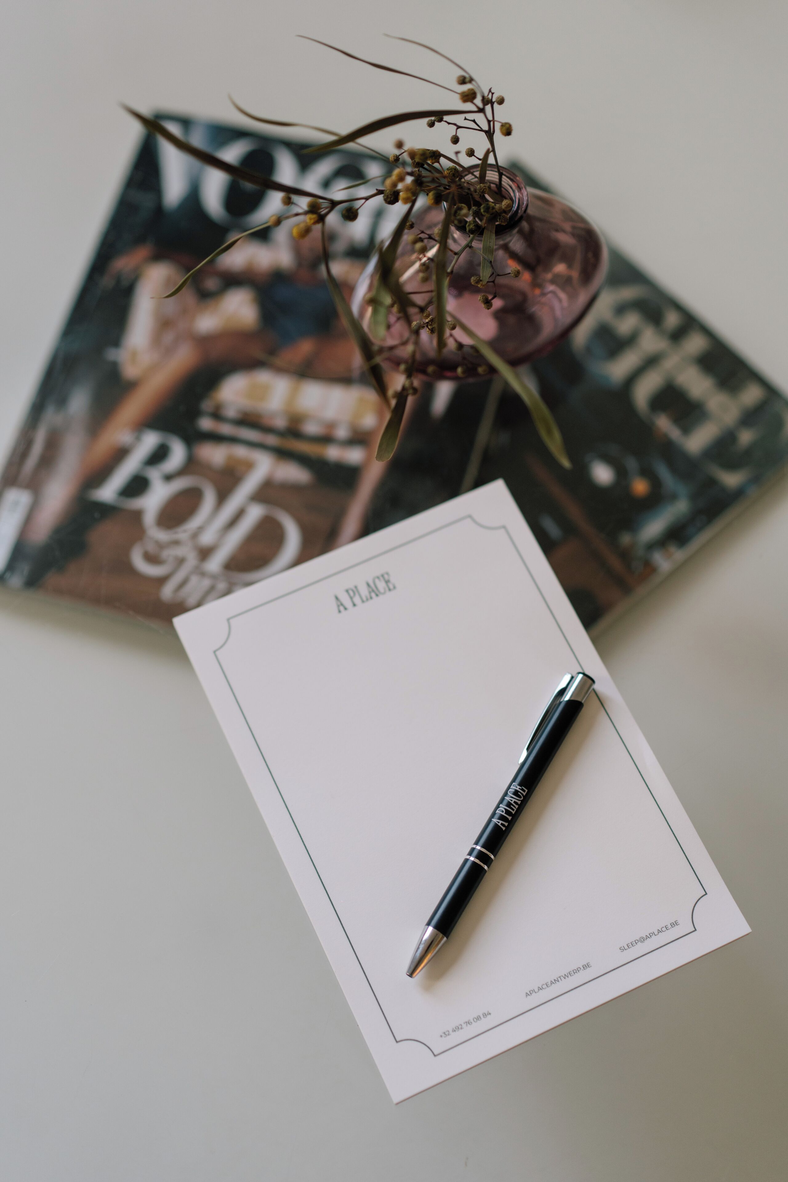 Un cuaderno con un bolígrafo encima, un florero con una planta y una revista con la palabra 'Bold' visible.