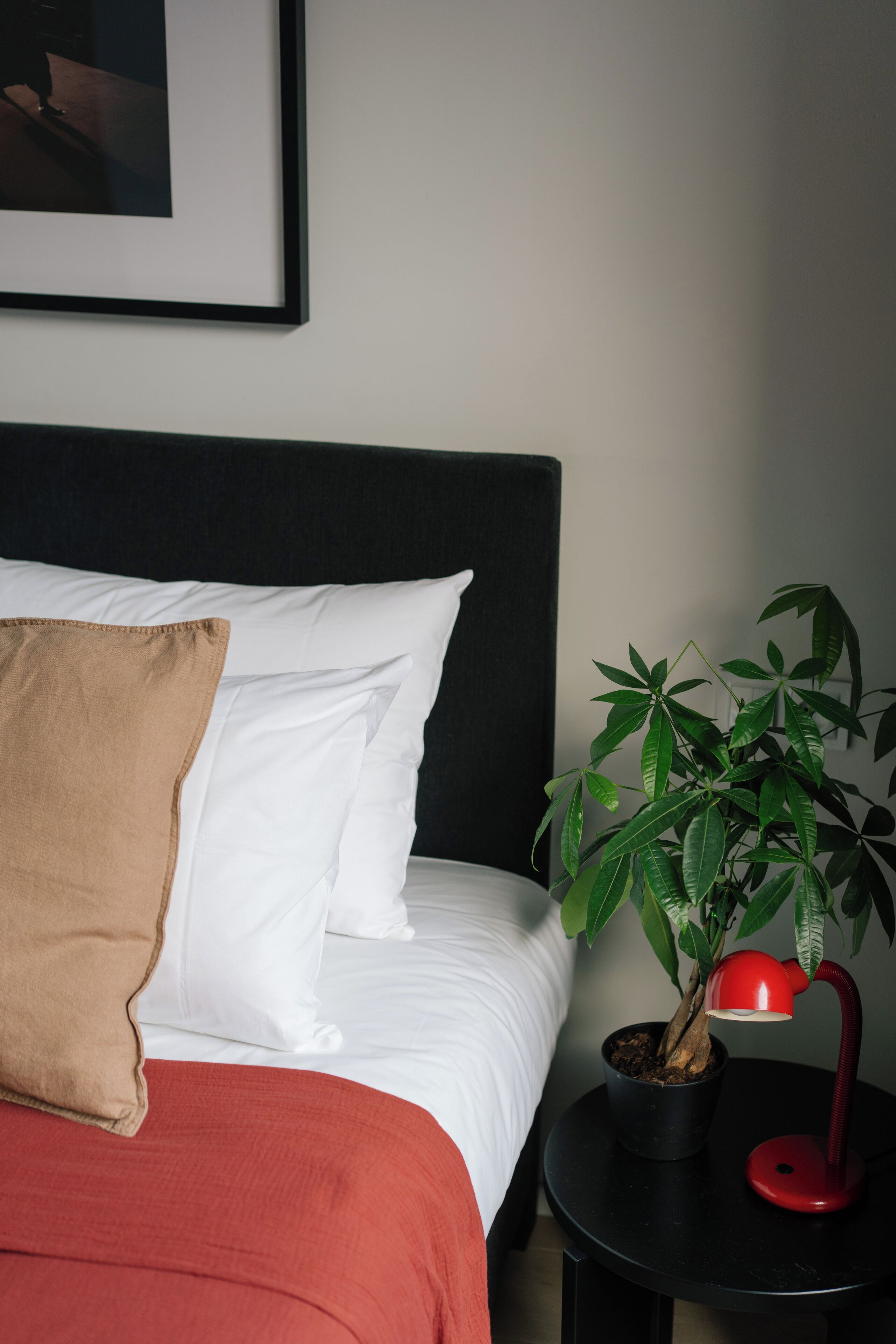Un letto rifatto con cuscini bianchi e marroni, una coperta rossa e un comodino nero con una lampada rossa e una pianta in vaso.
