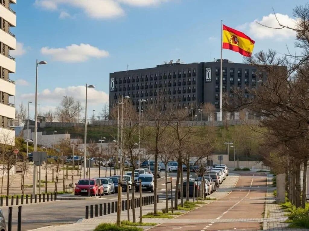 A parking lot with cars, a flag, and a building in the background.