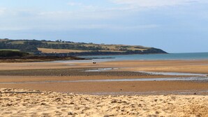 A beach with a person walking a dog, distant hills, and a calm sea.