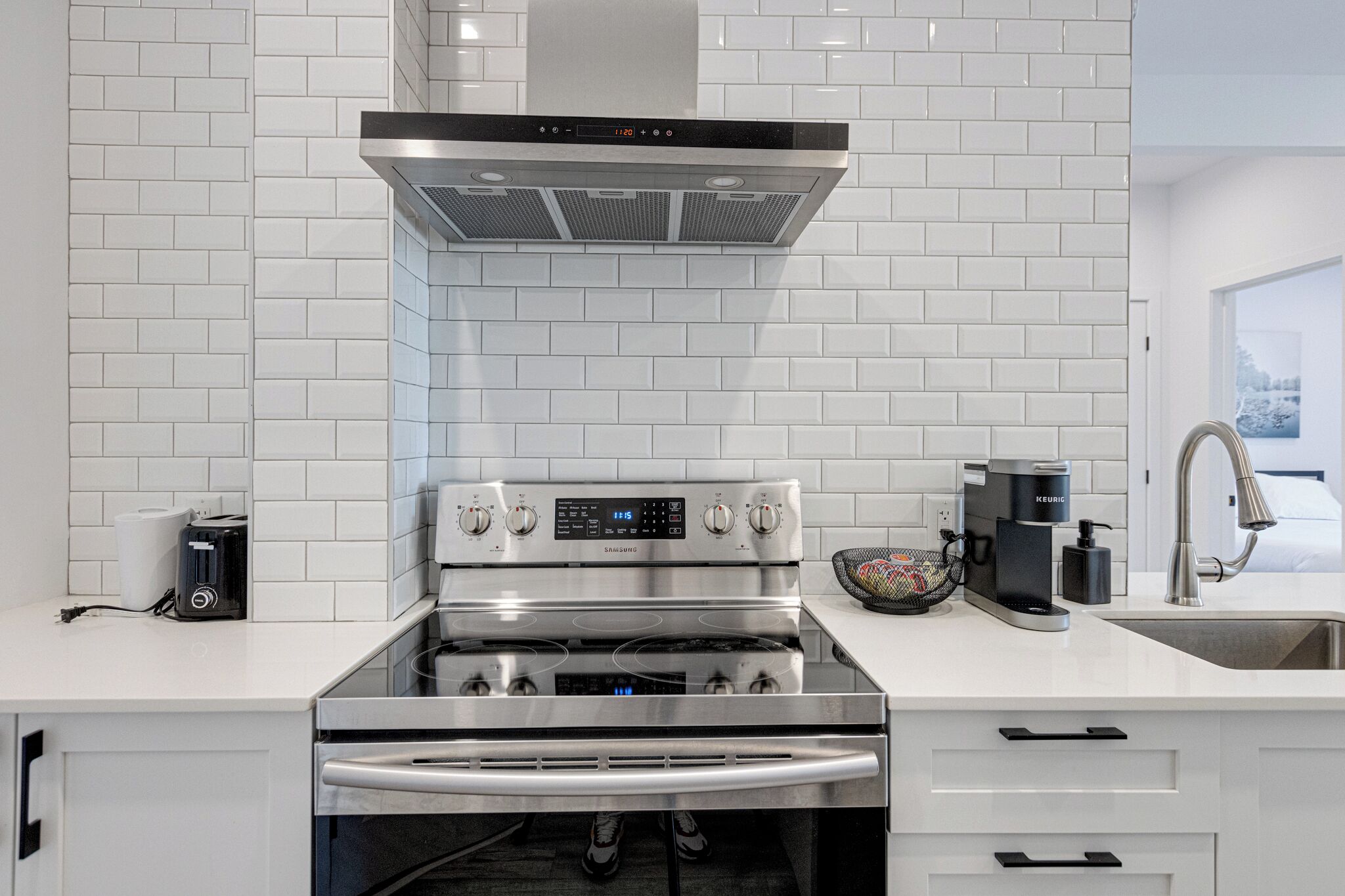 Full-size fridge, microwave, stovetop, espresso maker