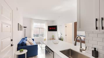 Full-size fridge, microwave, stovetop, espresso maker