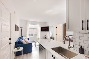 Full-size fridge, microwave, stovetop, espresso maker