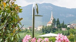 Eine Duschbrause mit fließendem Wasser, umgeben von pinken Blüten, mit einer Kirche und Bergen im Hintergrund.
