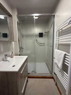 Hair dryer, towels, soap