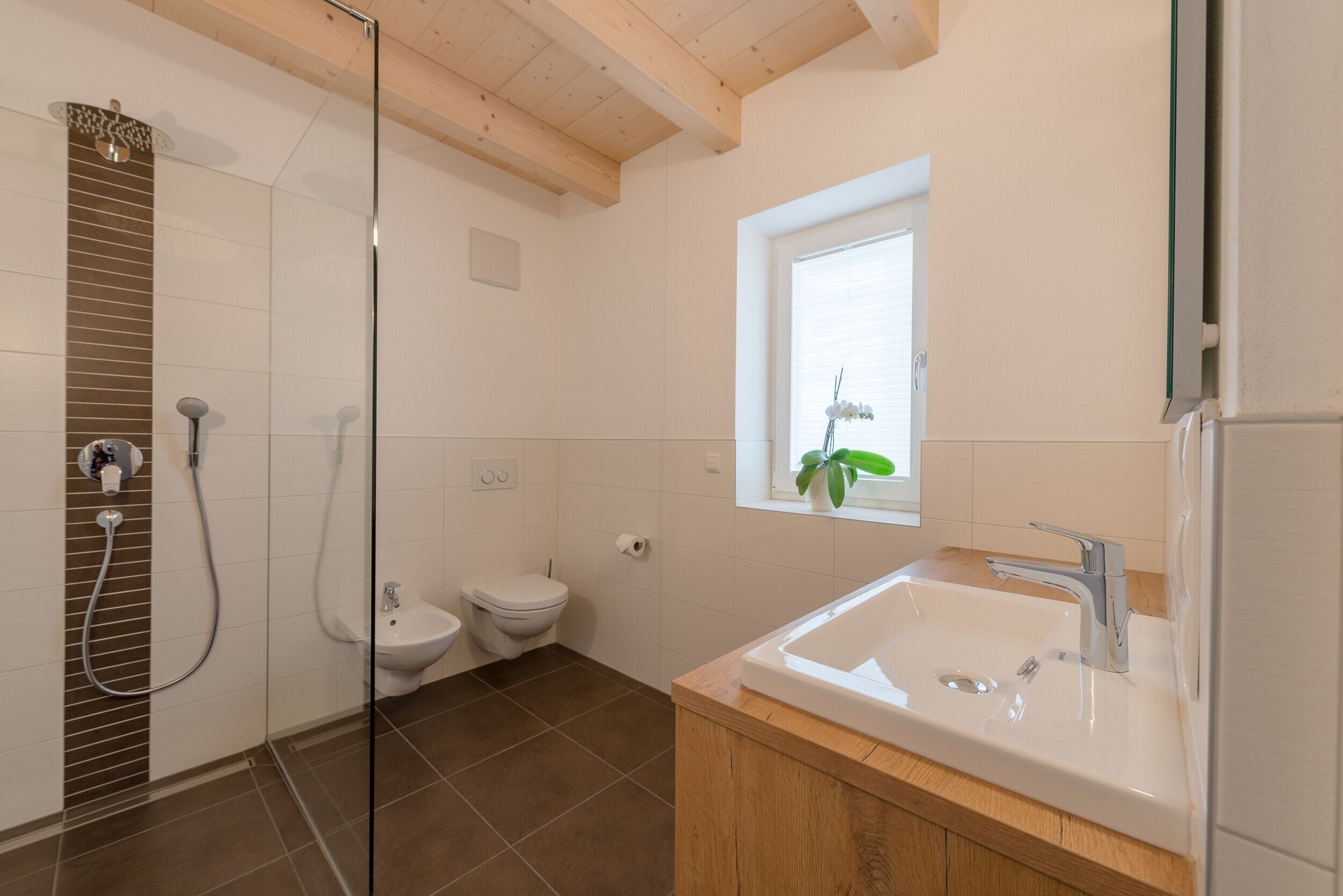Une salle de bain équipée d’une douche, de toilettes, d’un lavabo et d’une fenêtre avec une plante.