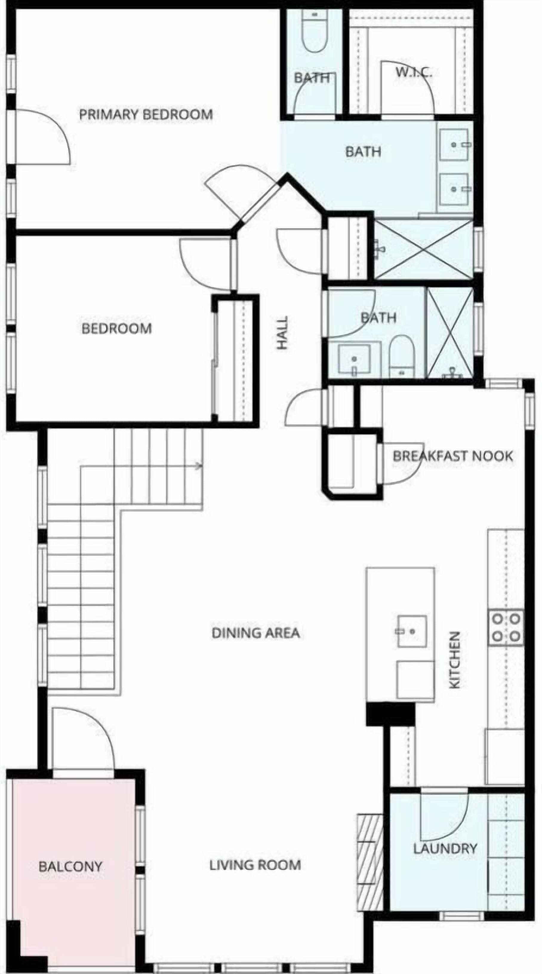 Plano de planta que muestra un dormitorio principal, un dormitorio secundario, comedor, cocina, sala de estar, balcón y varios baños.