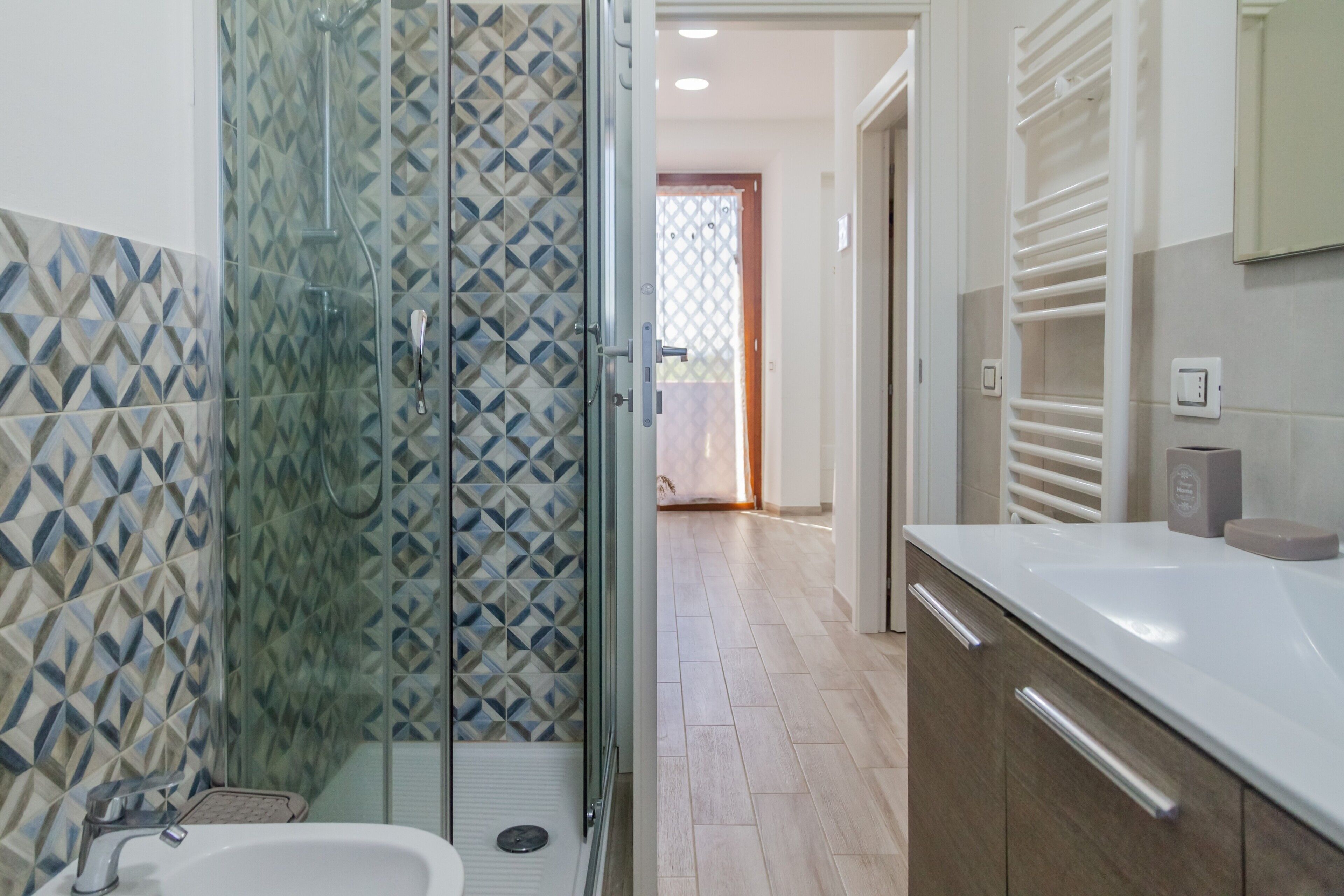 Shower, hair dryer, towels