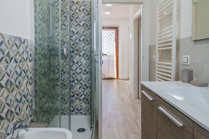 Shower, hair dryer, towels