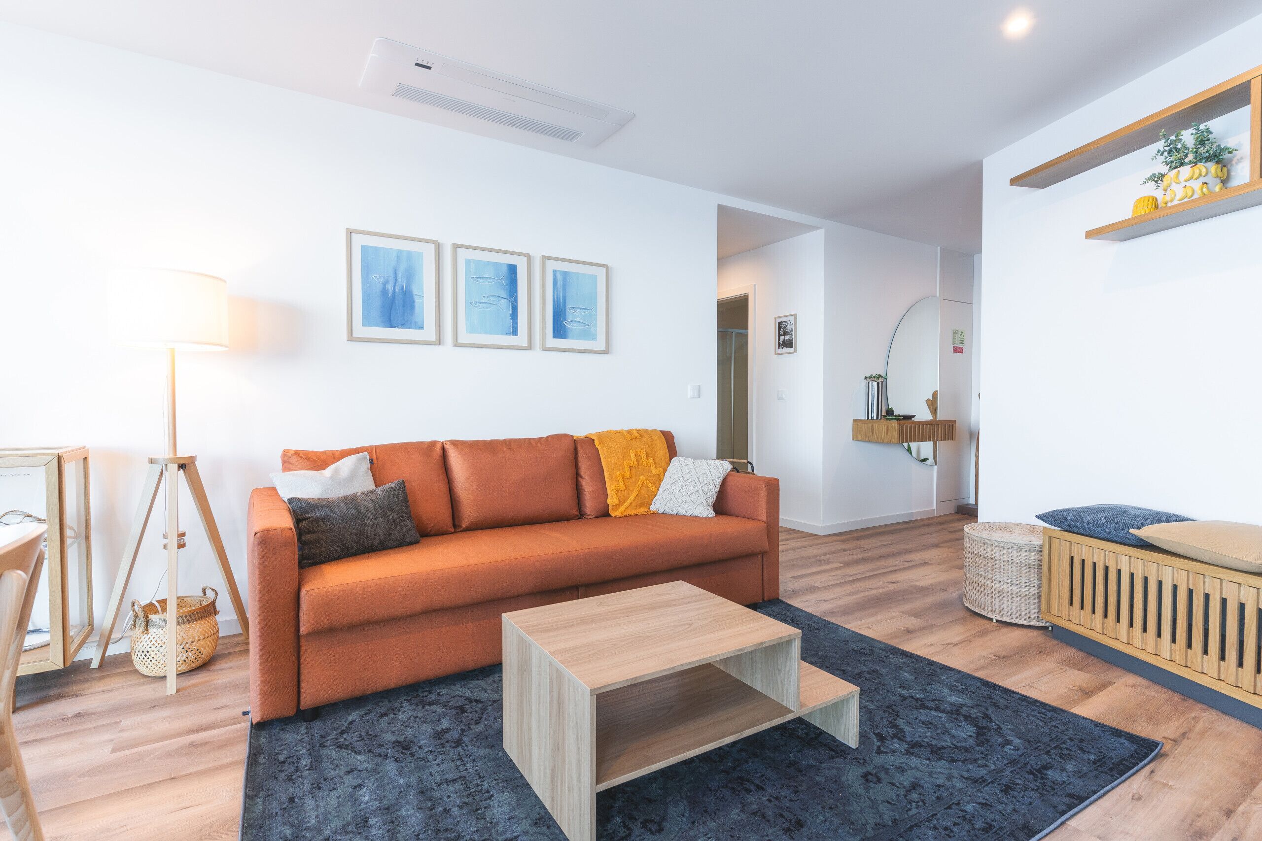 Un salon moderne avec un canapé, une table basse et un tapis foncé. On peut voir des tableaux encadrés au mur, une lampe et une petite table avec un panier.