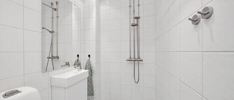 Shower, towels, soap, toilet paper