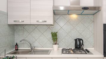 KĂŒhlschrank, Ofen, Herdplatte, Wasserkocher mit Kaffee-/Teezubehör