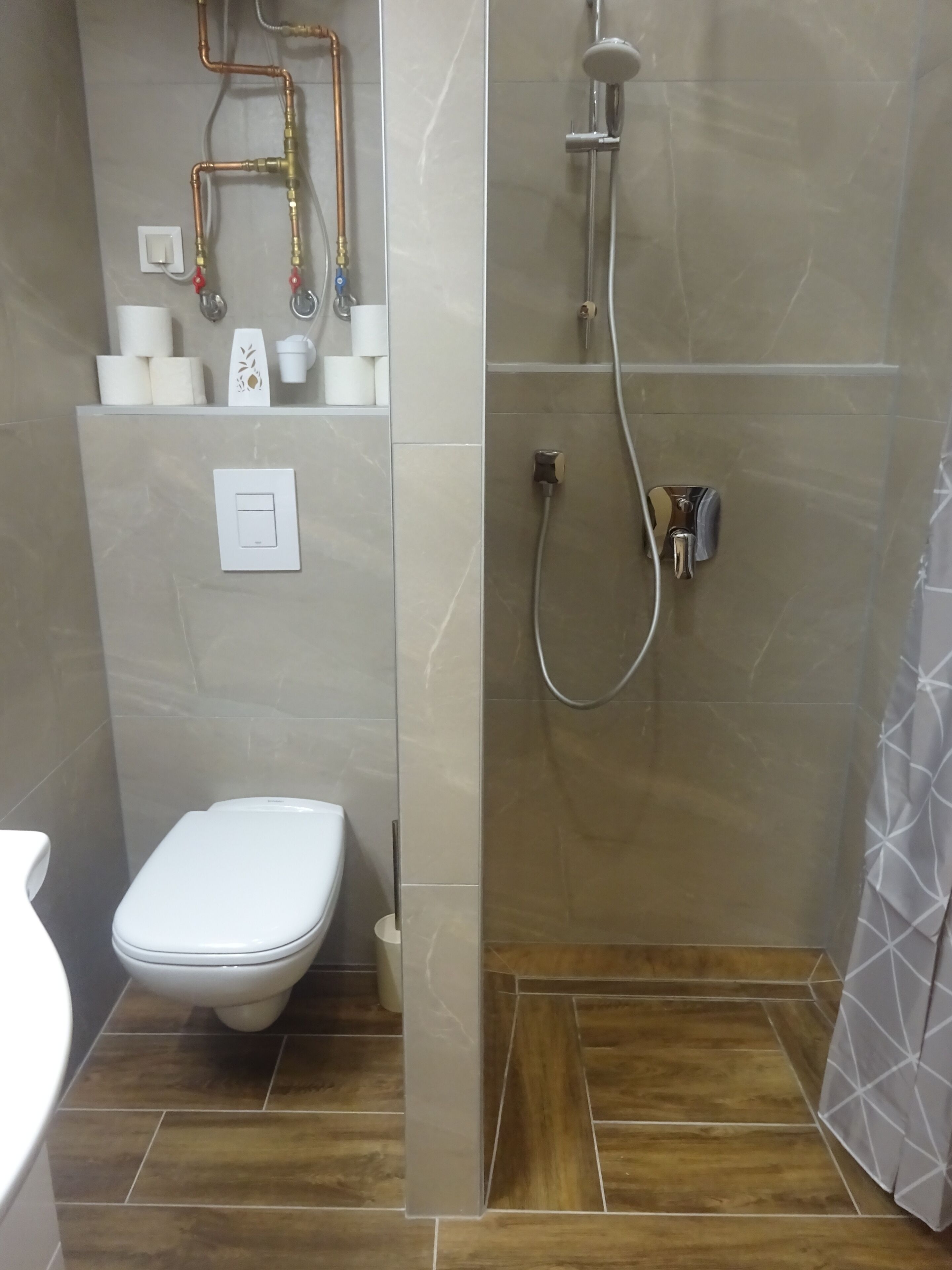 Hair dryer, towels, soap, toilet paper