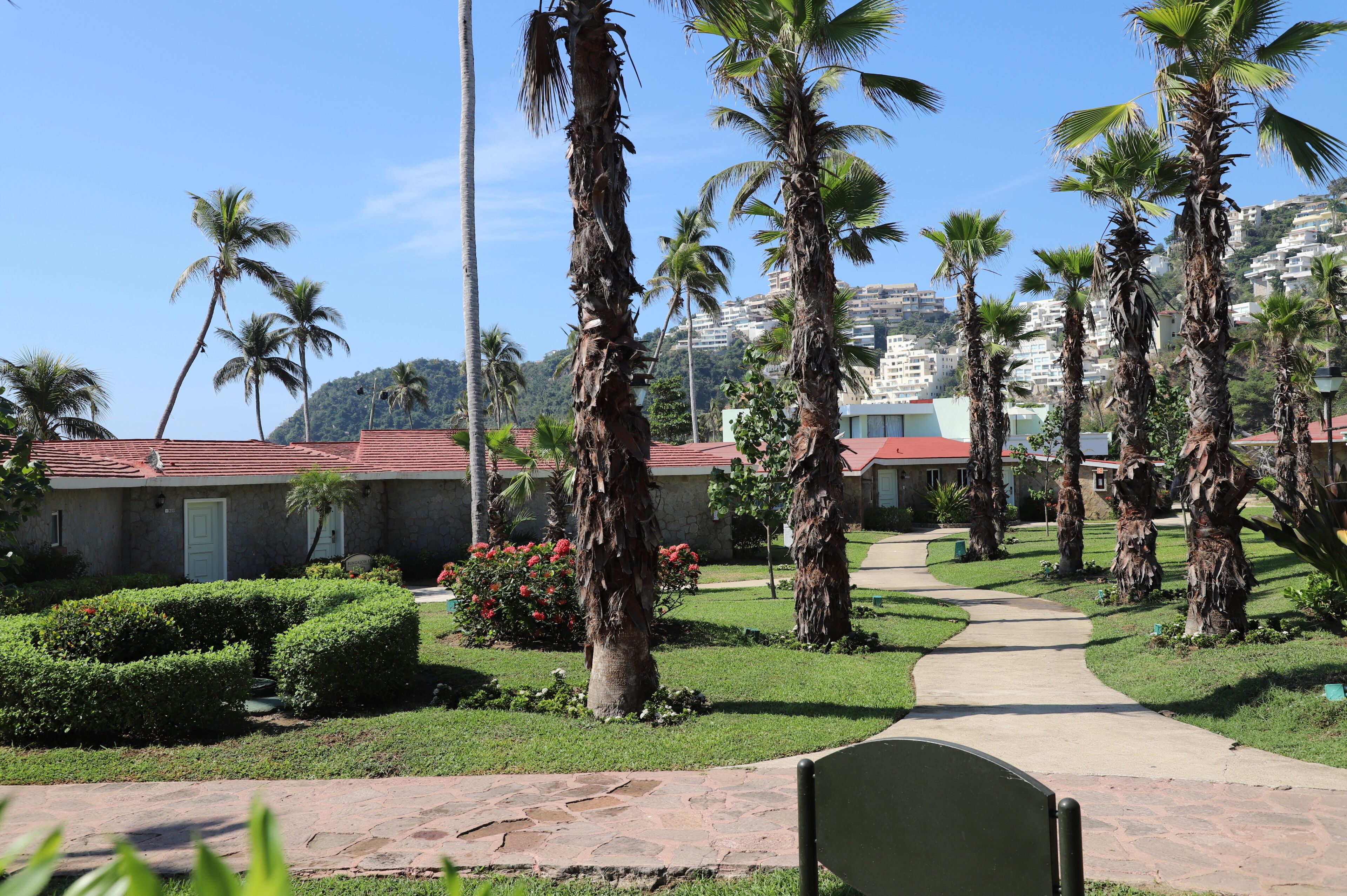 A pathway leading to a building with a red roof, surrounded by palm trees and well-maintained hedges.