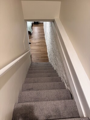 A carpeted staircase with a textured wall on one side and a wooden floor at the top.