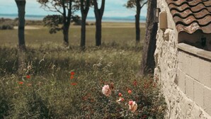 Ein rustikales Gebäude mit Ziegeldach, umgeben von einer grünen Wiese mit Bäumen und roten Blumen.