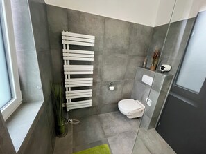 Dusche, Haartrockner, Handtücher, Toilettenpapier