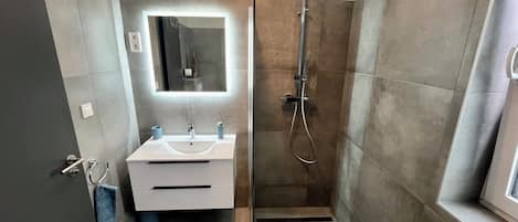 Shower, hair dryer, towels, toilet paper