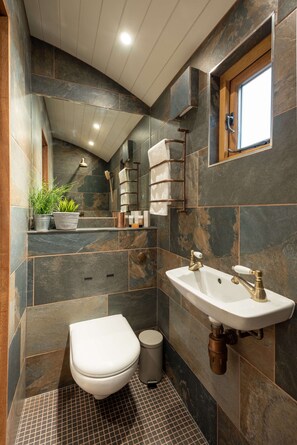 A modern bathroom with a white sink, a toilet, and a shower area. - Ockeridge Rural Retreats (Worcester)