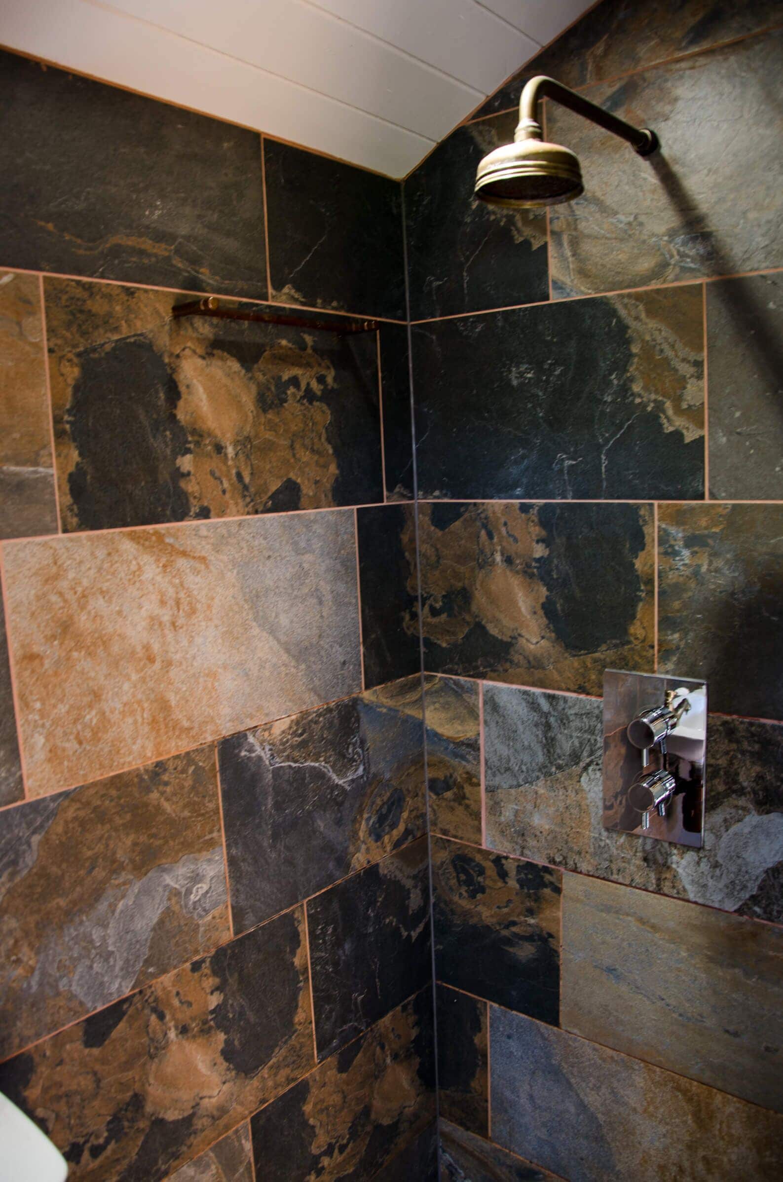 A shower area with a curved showerhead and a control panel.