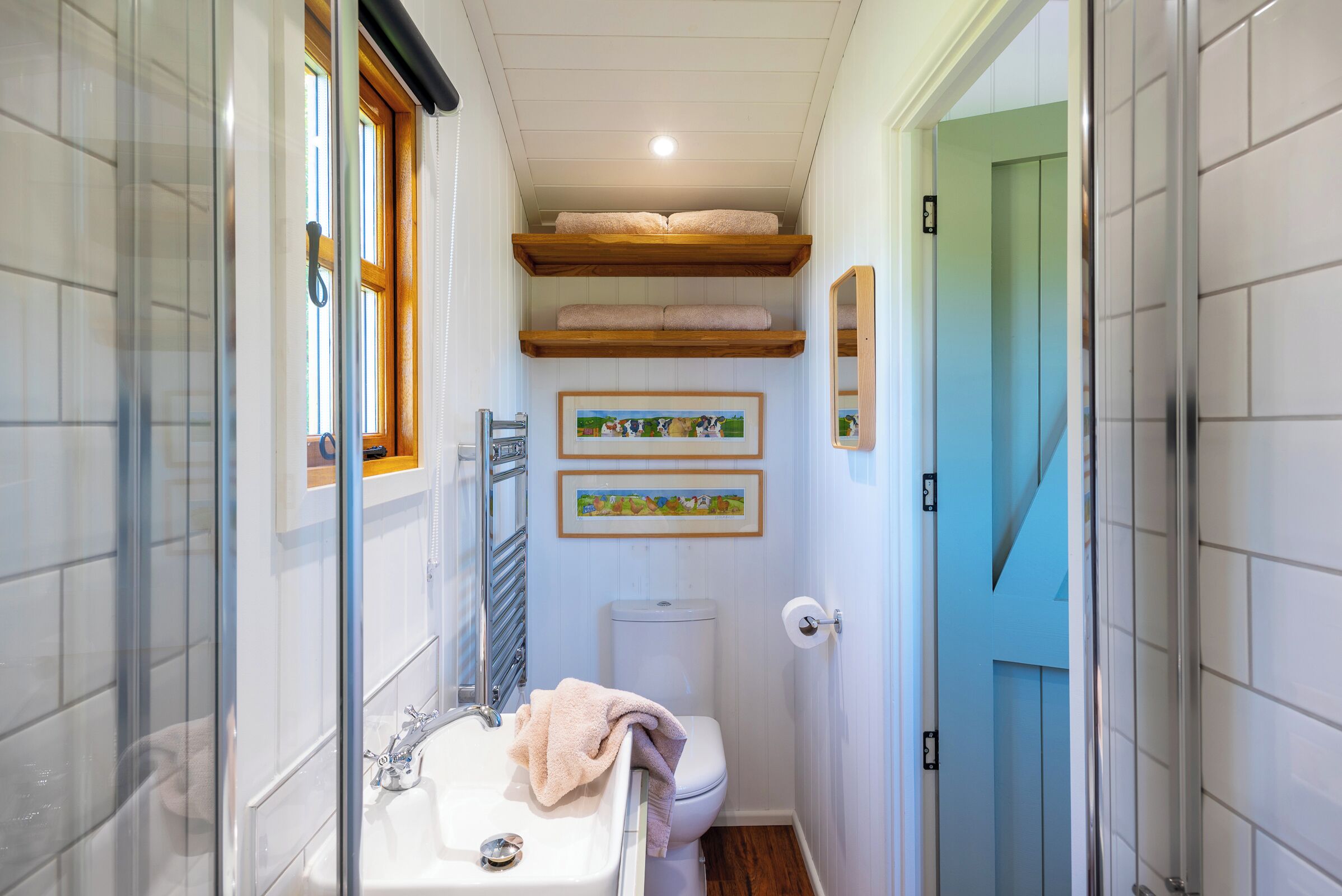 A narrow bathroom with a glass shower enclosure, a white sink, and a toilet. There are wooden shelves above the toilet with towels and framed pictures.