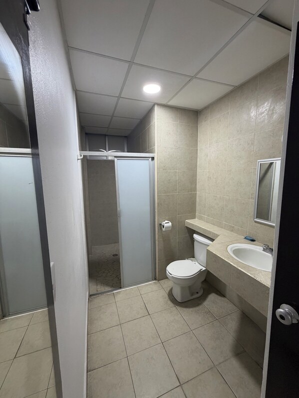 Un baño con inodoro, lavabo y espejo. Se ve una cabina de ducha al fondo.