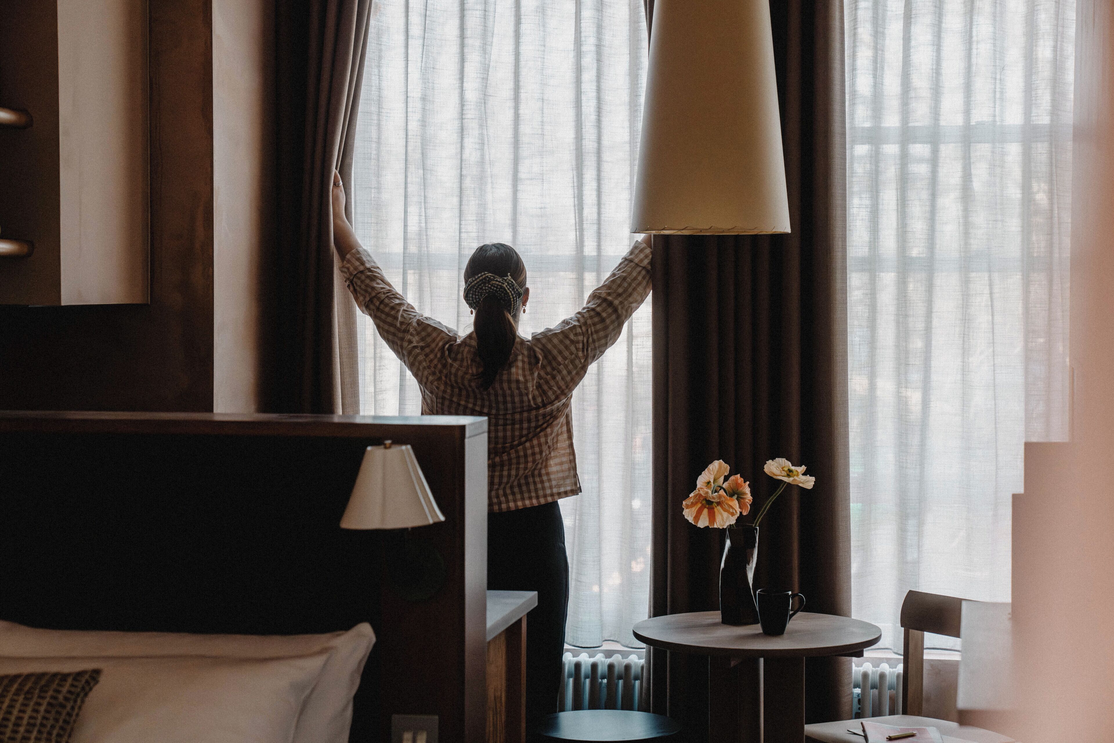 Desk, laptop workspace, blackout drapes, soundproofing