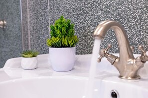 Un lavabo de salle de bain avec un robinet, une plante en pot et un mur recouvert de carreaux.