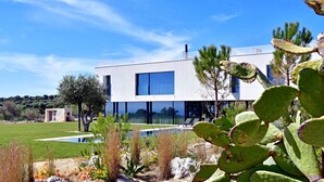 Een modern huis met twee verdiepingen, een zwembad, omringd door groen en cactussen.