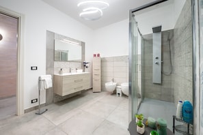 Shower, free toiletries, hair dryer, bathrobes