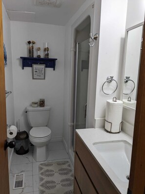 Sèche-cheveux, serviettes fournies, savon, papier toilette