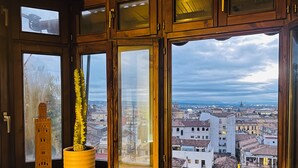 Uitzicht vanuit een raam met houten kader en een bloempot, op een stadsbeeld met gebouwen en een bewolkte lucht.
