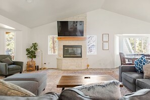 TV, fireplace - Walk to Snow Summit Cabin • Hot Tub • Arcade (Big Bear Lake)