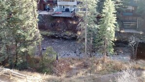 Udsigt over en flod med et hus og en terrasse.