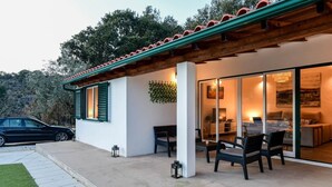 Ein modernes Haus mit Terrasse, ein geparktes Auto davor und eine Glasdoor, die zu einem Innenbereich mit Essbereich führt.