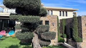 A modern house with a well-maintained garden, stone walls, and a large tree. - VILLA M, Swimming pool, Beach on foot (La Croix-Valmer)