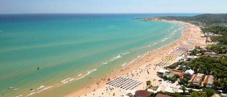 An aerial view of a beach with rows of beach umbrellas and sun loungers, a sandy beach, and a clear blue sea.
