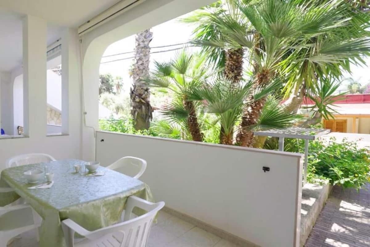 A room with a table and chairs, a window with a view of palm trees, and a white wall with a small window.