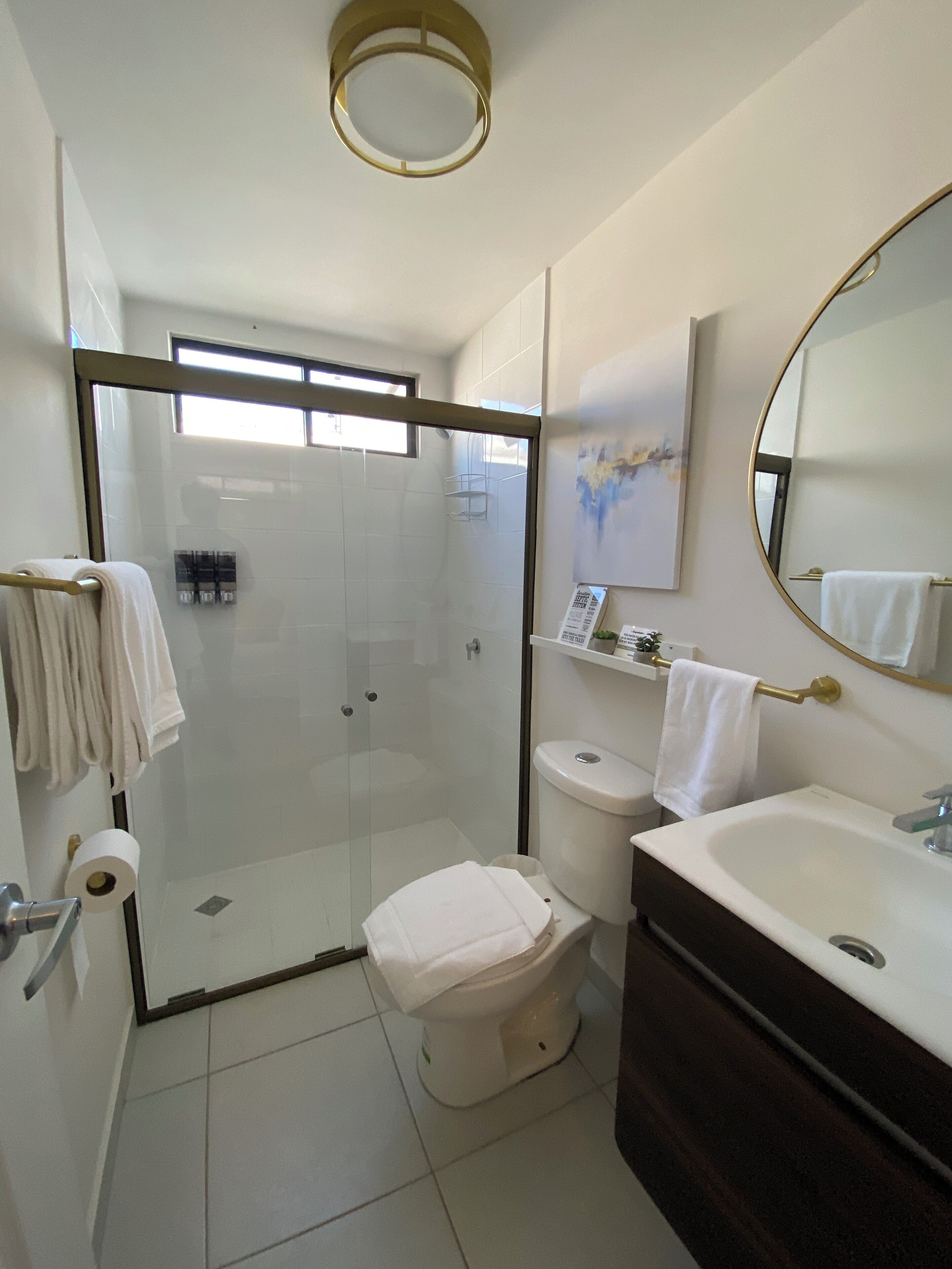 A modern bathroom with a glass-enclosed shower, a toilet, and a vanity with a large mirror.