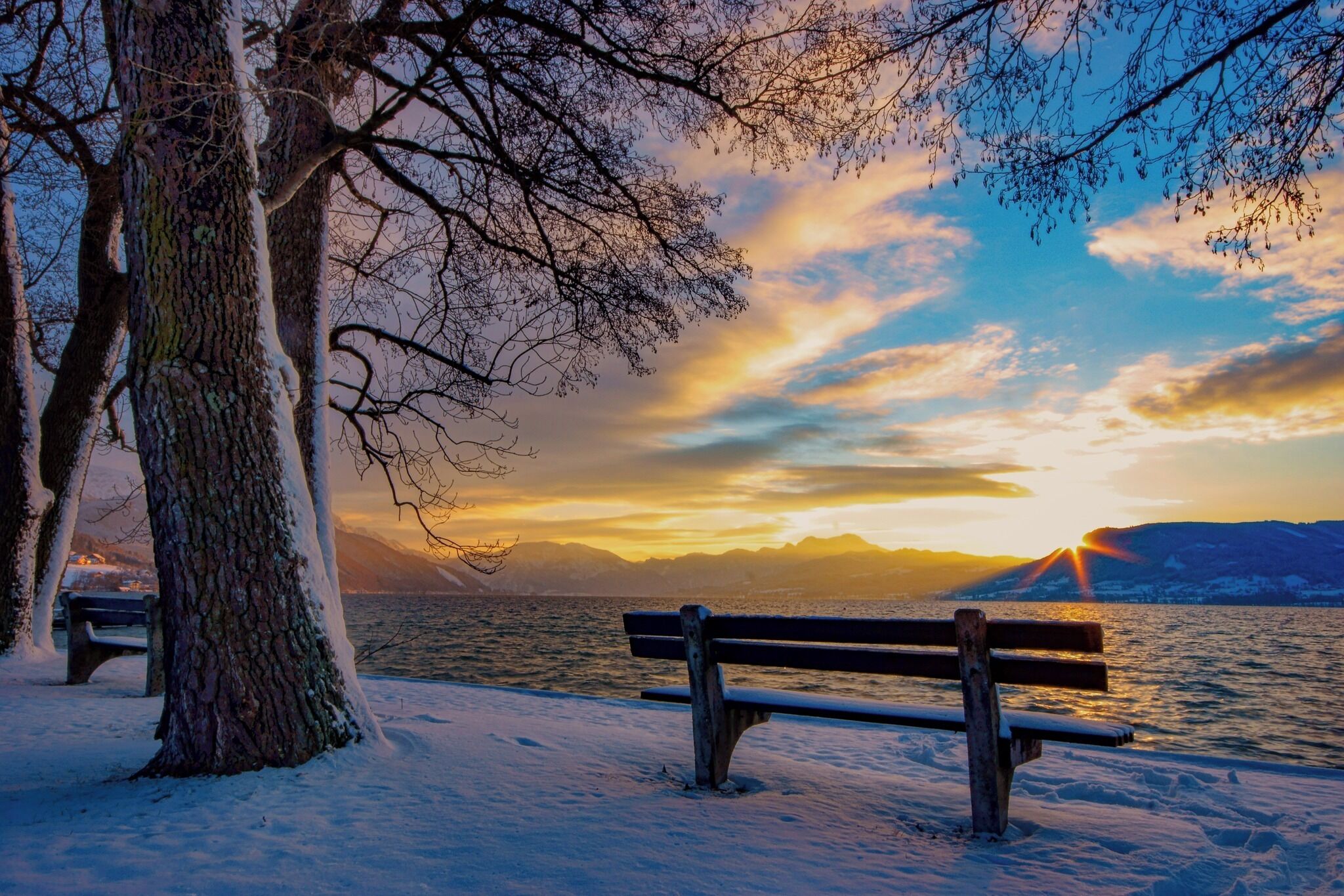 A bench by a snow-covered lakeside with trees and mountains in the background.