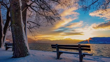A bench by a snow-covered lakeside with trees and mountains in the background.