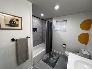 Hair dryer, towels, soap, toilet paper