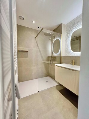 Shower, hair dryer, shampoo