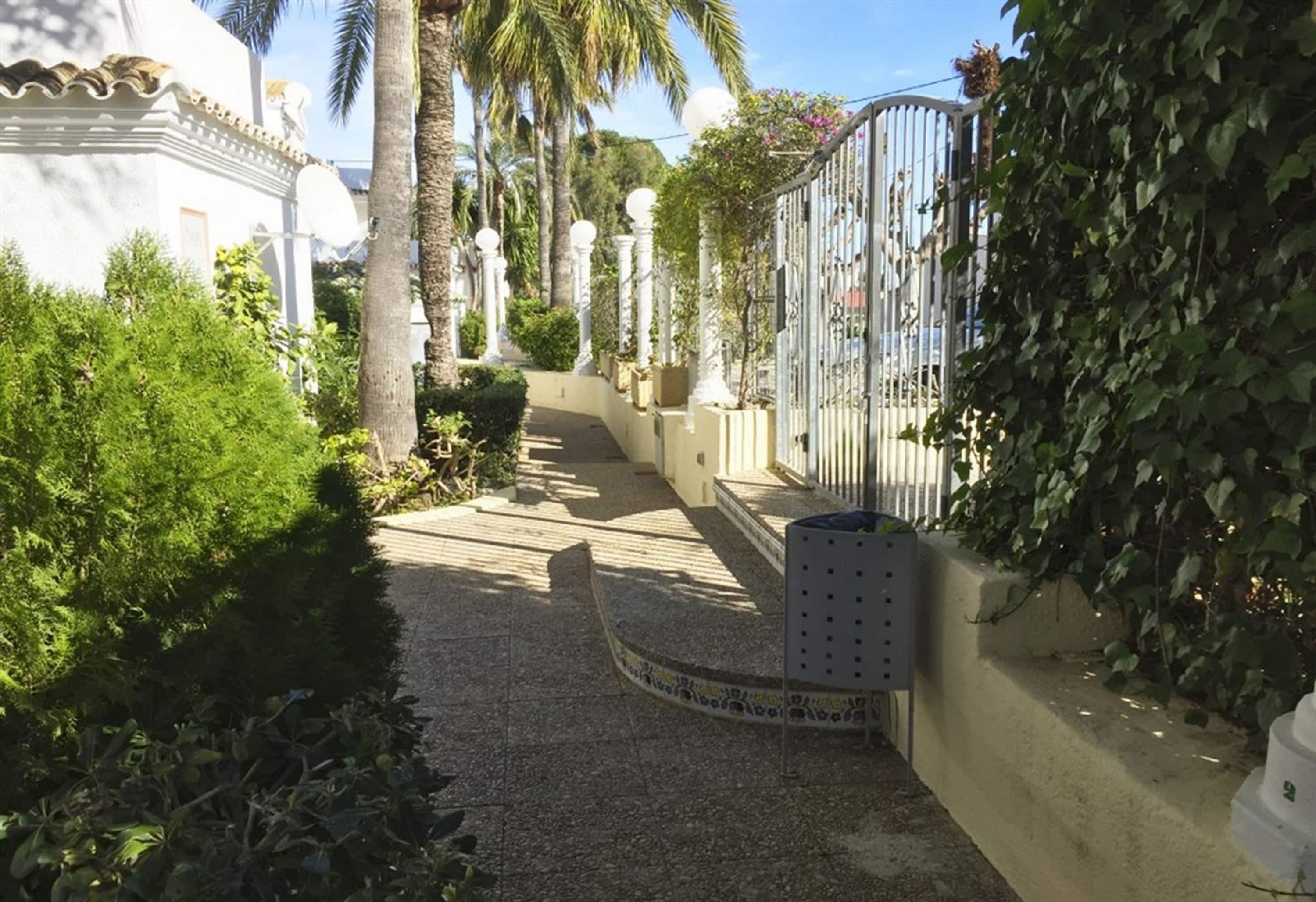 Un sendero estrecho bordeado por exuberante vegetación y un edificio blanco con fachada decorativa.