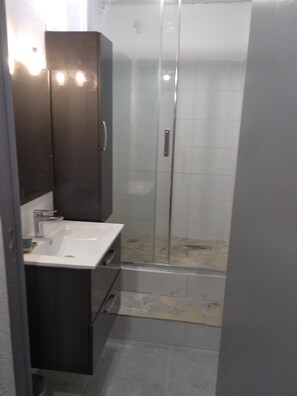 Shower, towels, toilet paper