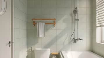 Shower, free toiletries, hair dryer, slippers