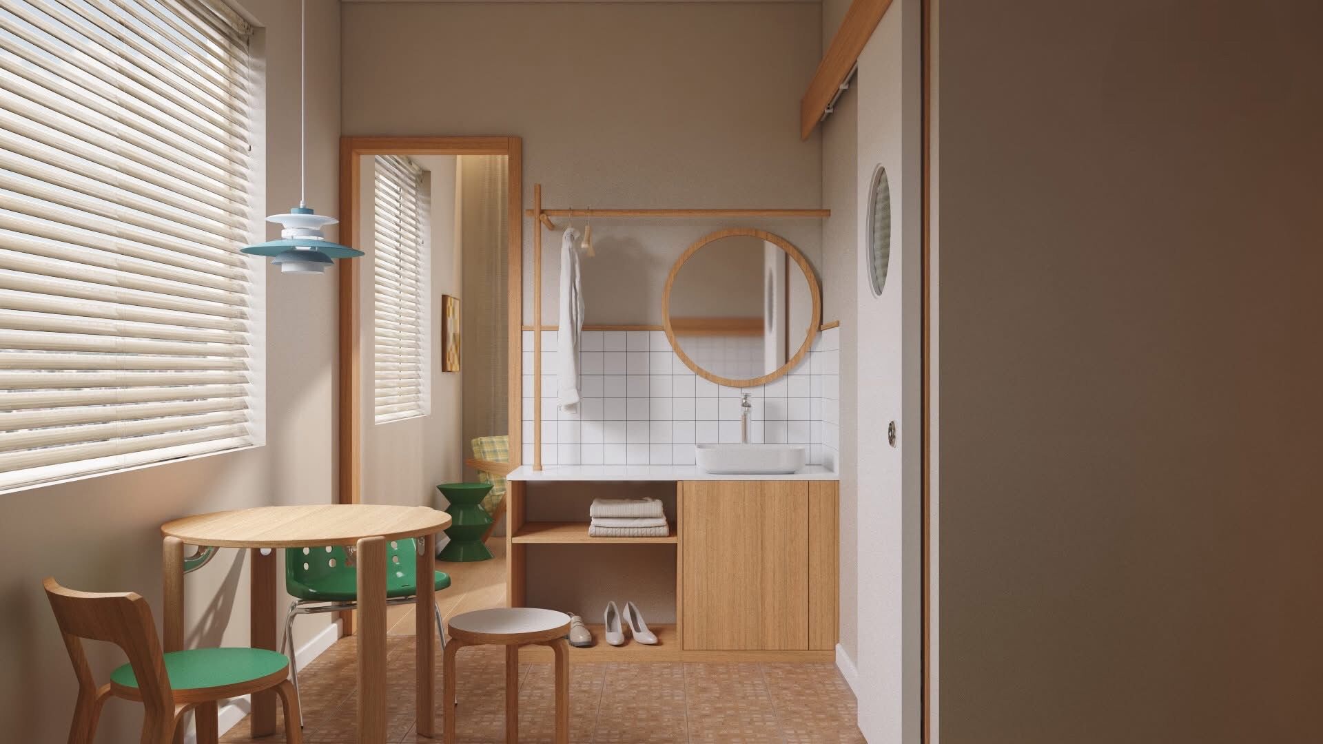 Family Apartment | Desk, laptop workspace, blackout drapes, iron/ironing board